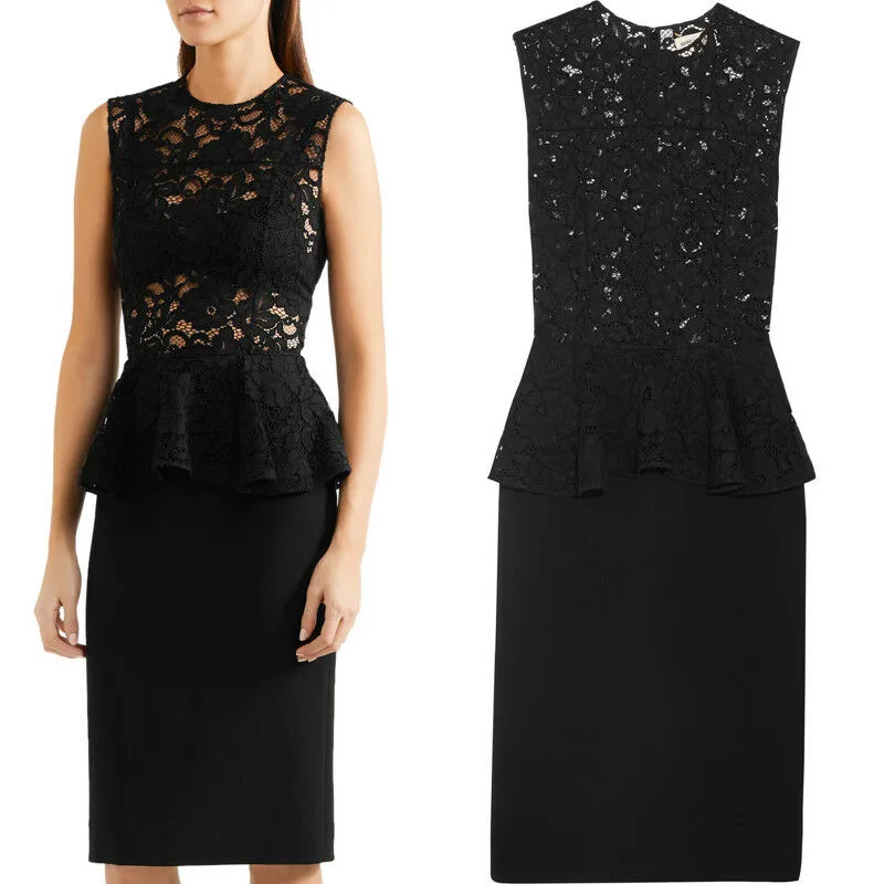 38 40 NEW $2250 SAINT LAURENT Black SHEER LACE UPPER Spring PEPLUM Pencil DRESS