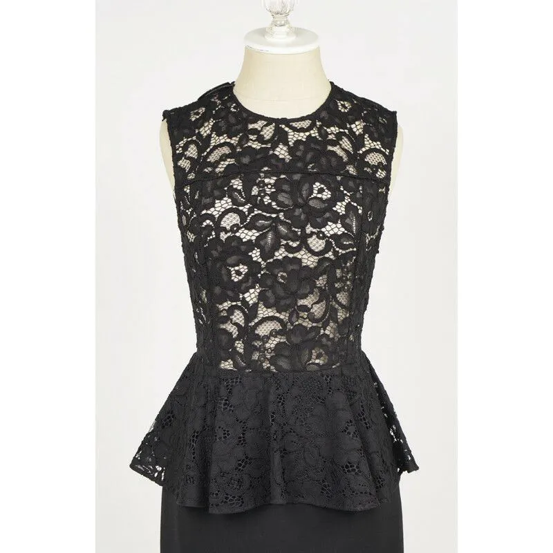 38 40 NEW $2250 SAINT LAURENT Black SHEER LACE UPPER Spring PEPLUM Pencil DRESS