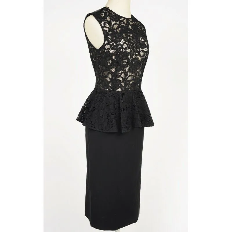 38 40 NEW $2250 SAINT LAURENT Black SHEER LACE UPPER Spring PEPLUM Pencil DRESS