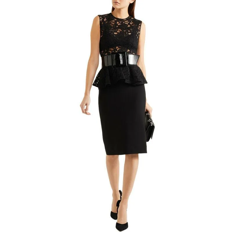 38 40 NEW $2250 SAINT LAURENT Black SHEER LACE UPPER Spring PEPLUM Pencil DRESS