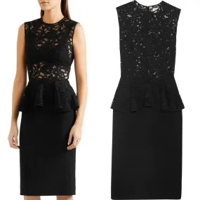 38 40 NEW $2250 SAINT LAURENT Black SHEER LACE UPPER Spring PEPLUM Pencil DRESS