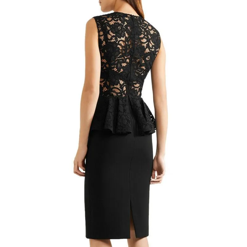 38 40 NEW $2250 SAINT LAURENT Black SHEER LACE UPPER Spring PEPLUM Pencil DRESS