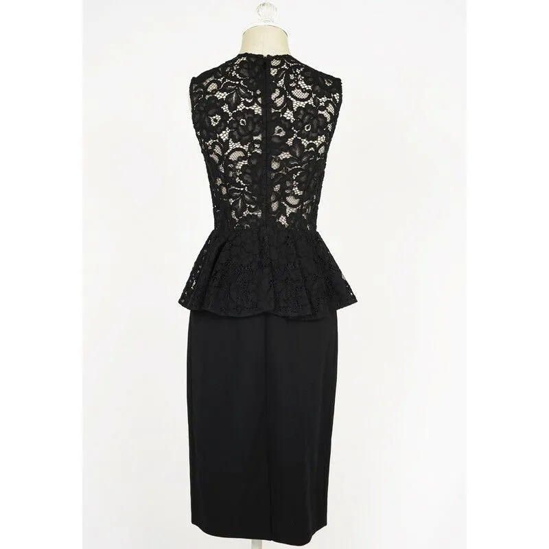 38 40 NEW $2250 SAINT LAURENT Black SHEER LACE UPPER Spring PEPLUM Pencil DRESS