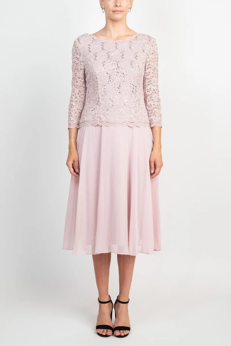 Alex Evenings Jewel Neck 3/4 Sleeve Embellished Lace Bodice Zipper Back Solid Tea-Length Lace & Chiffon Dress