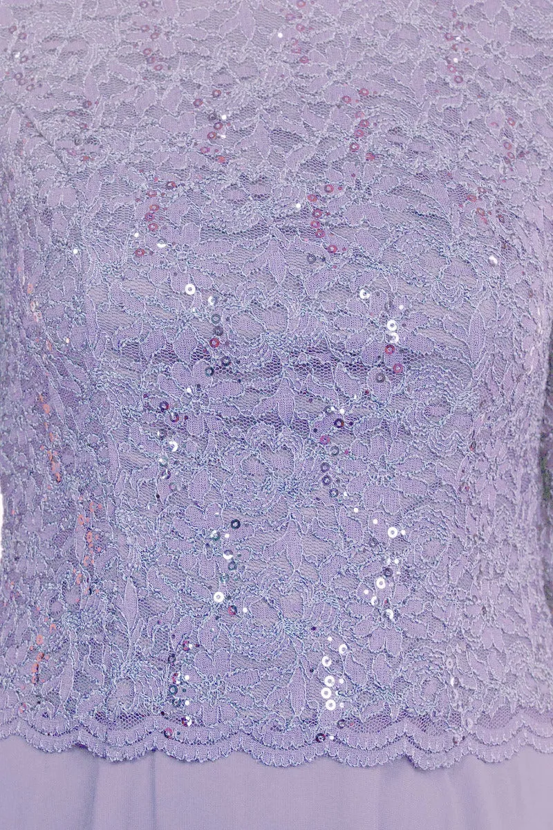 Alex Evenings Jewel Neck 3/4 Sleeve Embellished Lace Bodice Zipper Back Solid Tea-Length Lace & Chiffon Dress