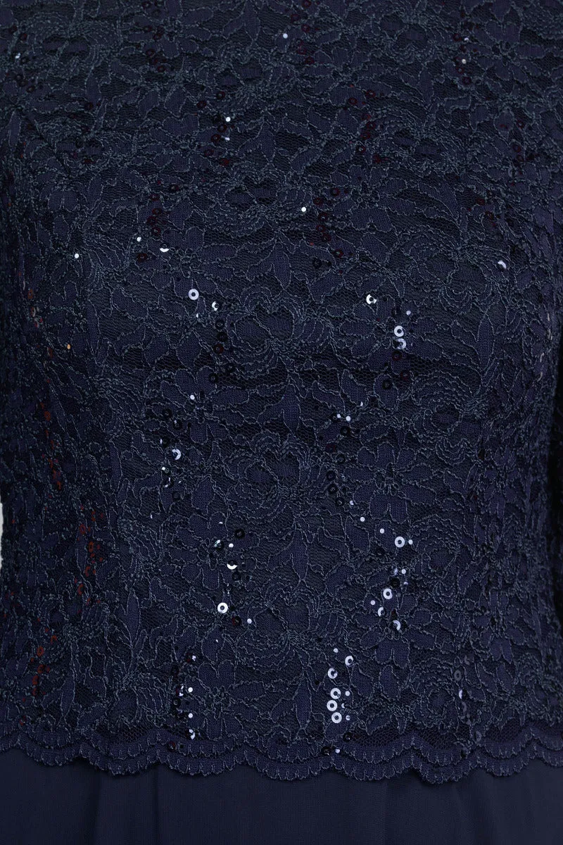Alex Evenings Jewel Neck 3/4 Sleeve Embellished Lace Bodice Zipper Back Solid Tea-Length Lace & Chiffon Dress