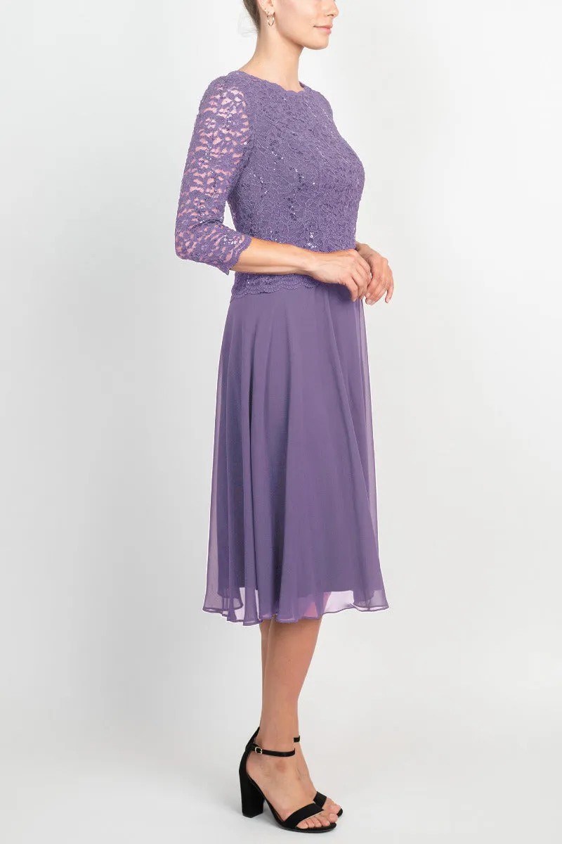 Alex Evenings Jewel Neck 3/4 Sleeve Embellished Lace Bodice Zipper Back Solid Tea-Length Lace & Chiffon Dress