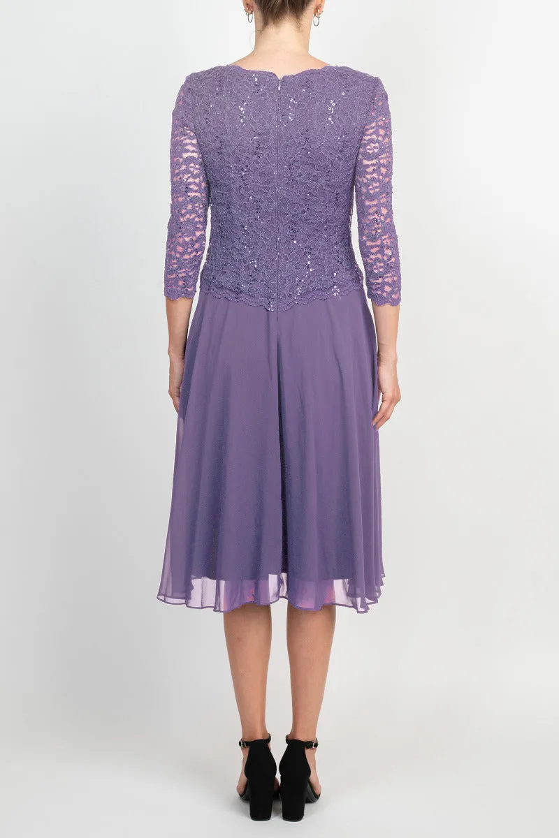 Alex Evenings Jewel Neck 3/4 Sleeve Embellished Lace Bodice Zipper Back Solid Tea-Length Lace & Chiffon Dress