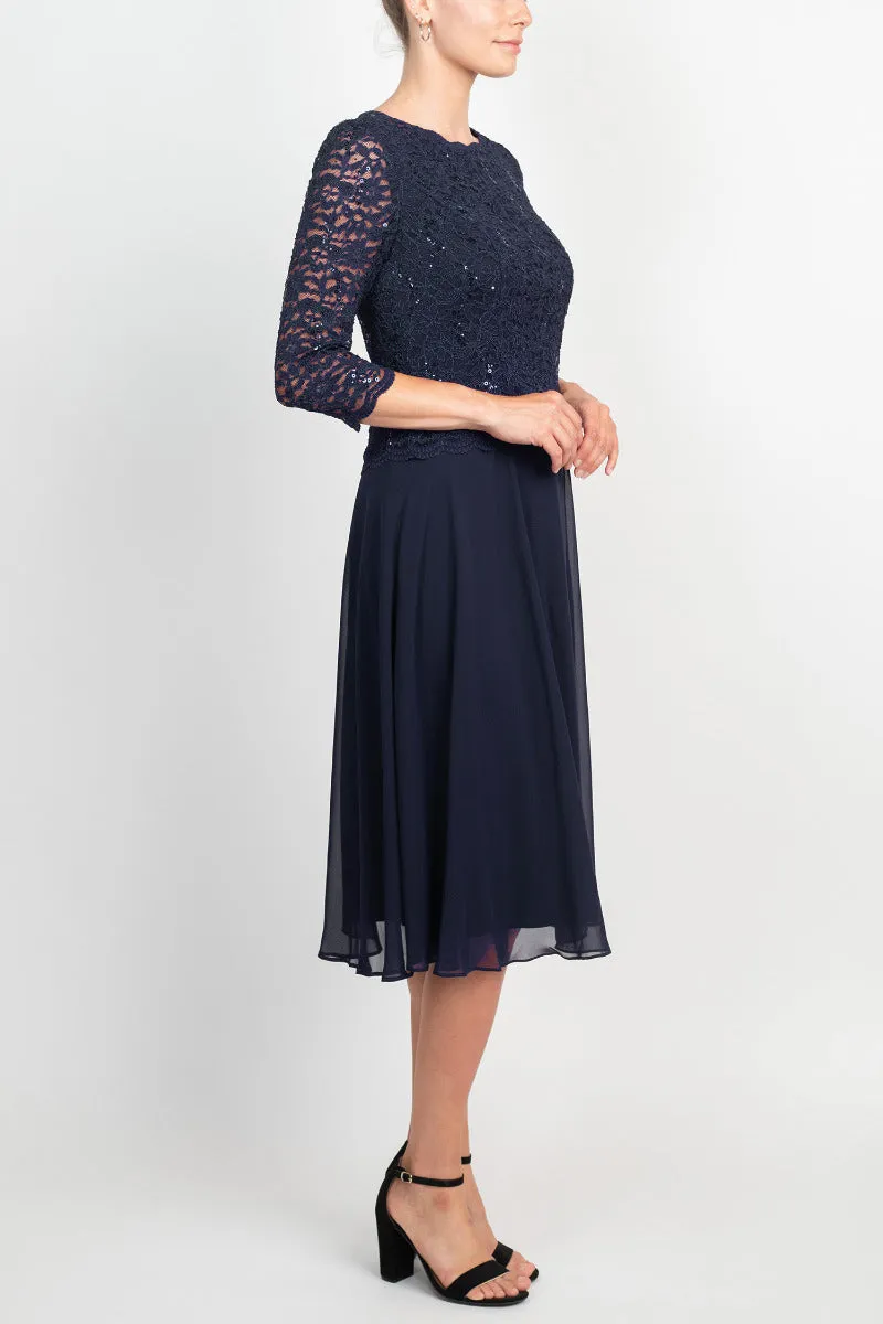Alex Evenings Jewel Neck 3/4 Sleeve Embellished Lace Bodice Zipper Back Solid Tea-Length Lace & Chiffon Dress