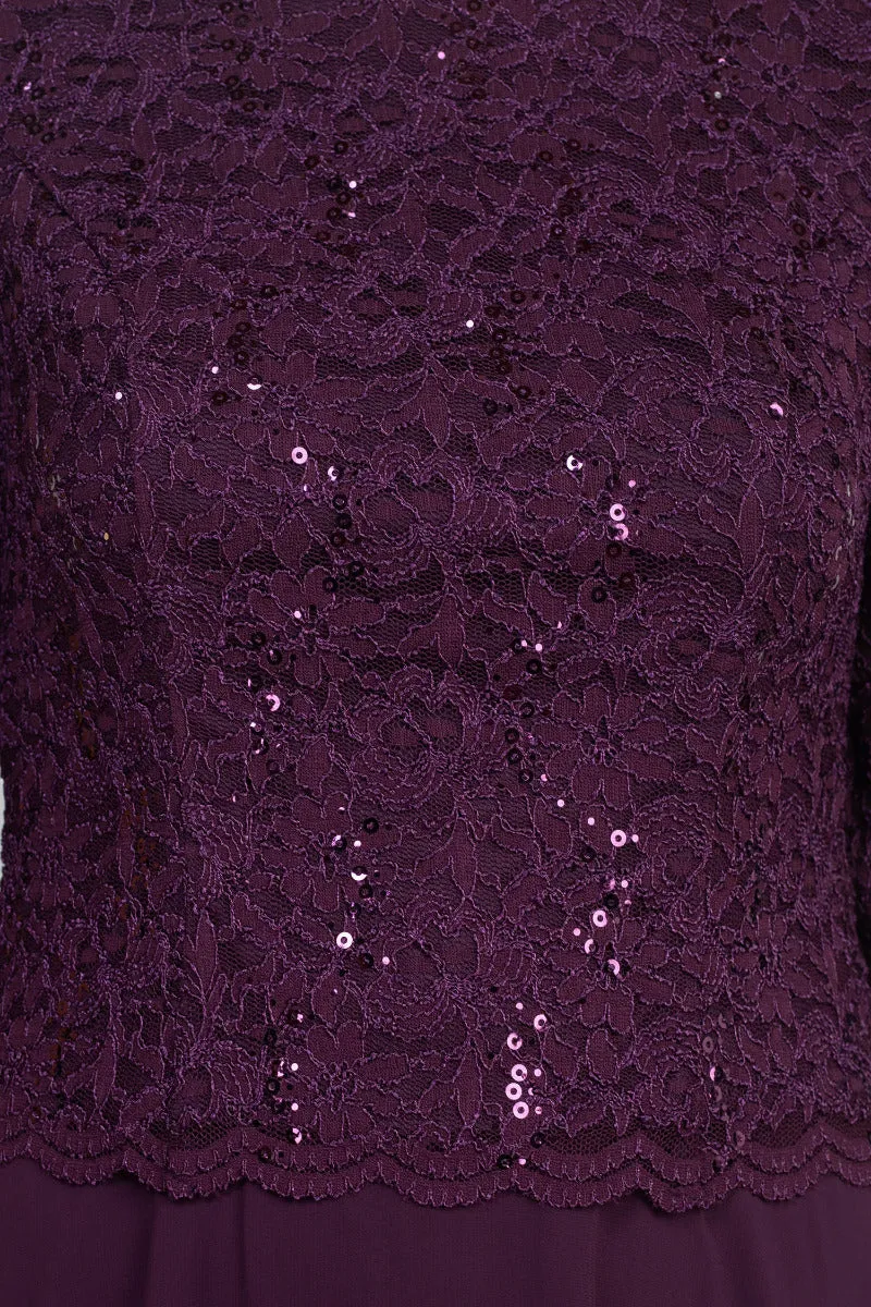 Alex Evenings Jewel Neck 3/4 Sleeve Embellished Lace Bodice Zipper Back Solid Tea-Length Lace & Chiffon Dress