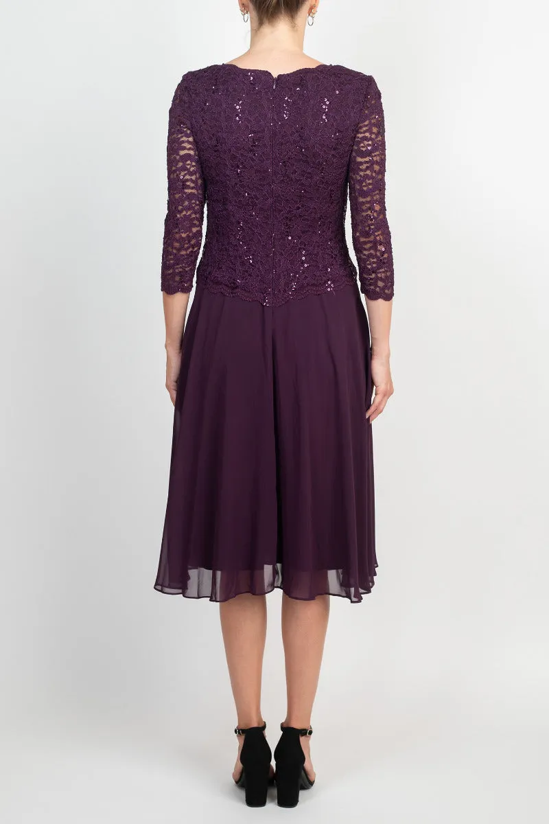 Alex Evenings Jewel Neck 3/4 Sleeve Embellished Lace Bodice Zipper Back Solid Tea-Length Lace & Chiffon Dress