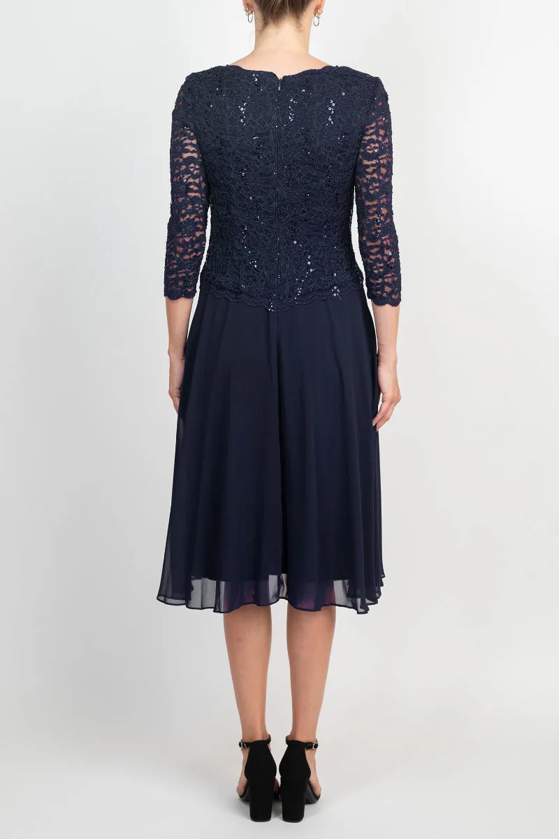 Alex Evenings Jewel Neck 3/4 Sleeve Embellished Lace Bodice Zipper Back Solid Tea-Length Lace & Chiffon Dress