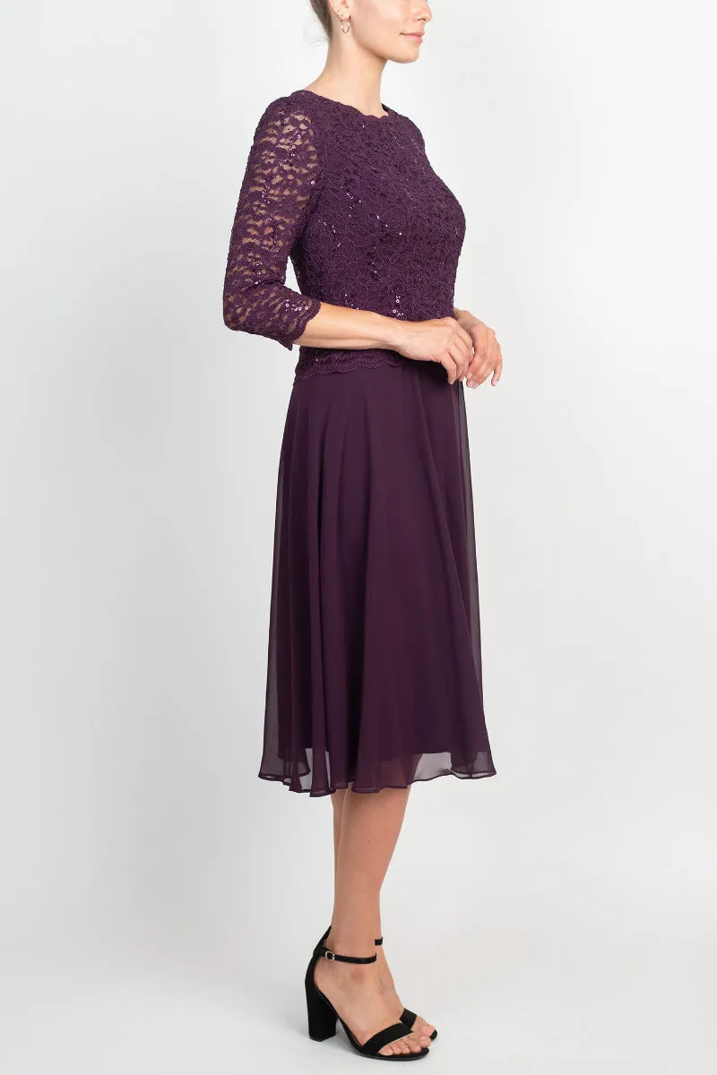 Alex Evenings Jewel Neck 3/4 Sleeve Embellished Lace Bodice Zipper Back Solid Tea-Length Lace & Chiffon Dress