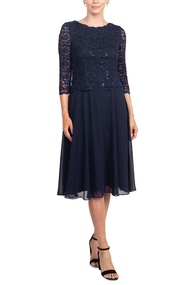 Alex Evenings Jewel Neck 3/4 Sleeve Embellished Lace Bodice Zipper Back Solid Tea-Length Lace & Chiffon Dress