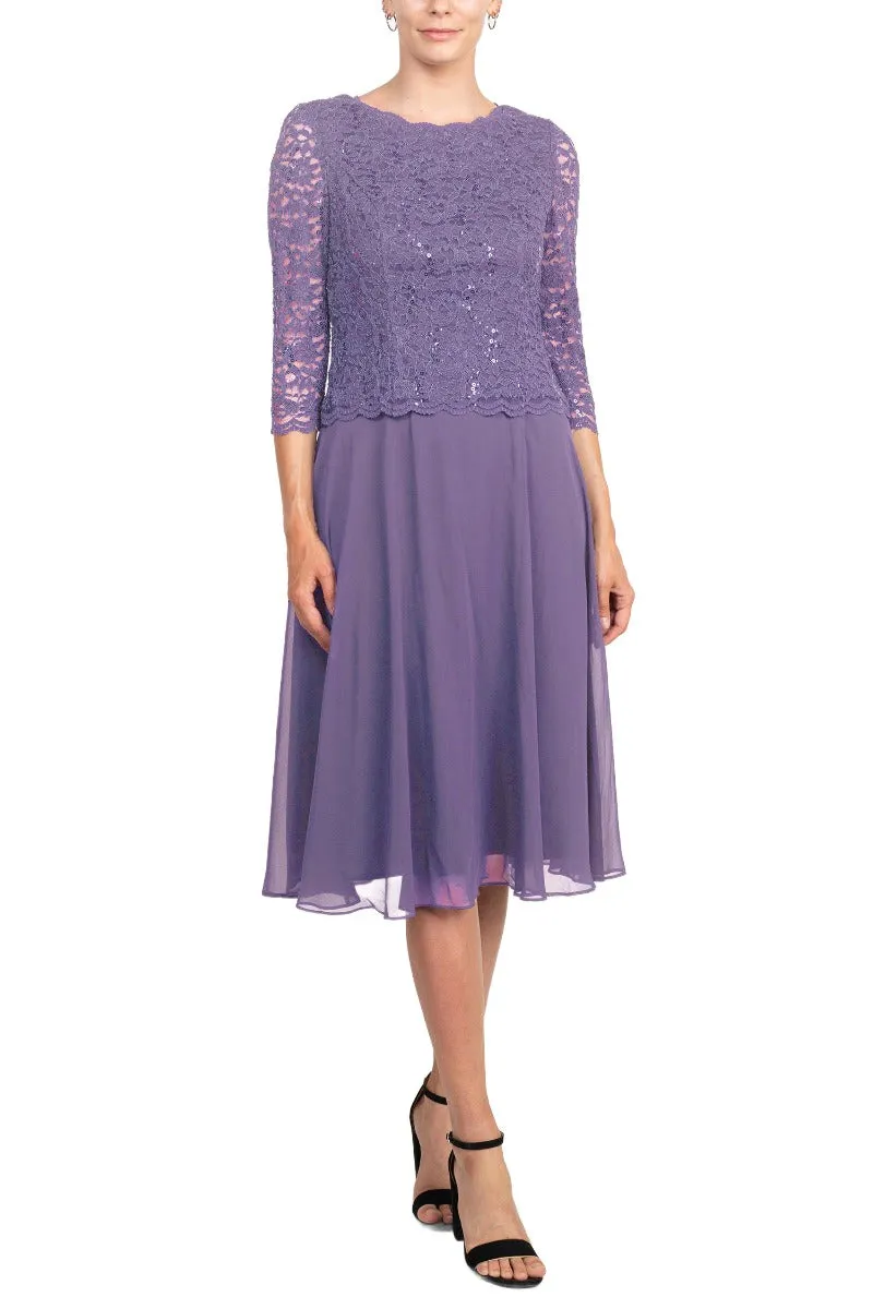 Alex Evenings Jewel Neck 3/4 Sleeve Embellished Lace Bodice Zipper Back Solid Tea-Length Lace & Chiffon Dress