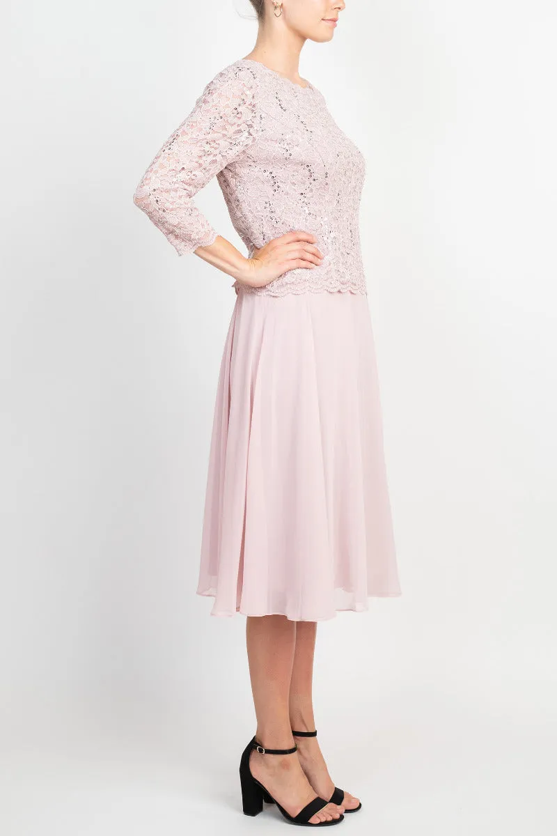 Alex Evenings Jewel Neck 3/4 Sleeve Embellished Lace Bodice Zipper Back Solid Tea-Length Lace & Chiffon Dress