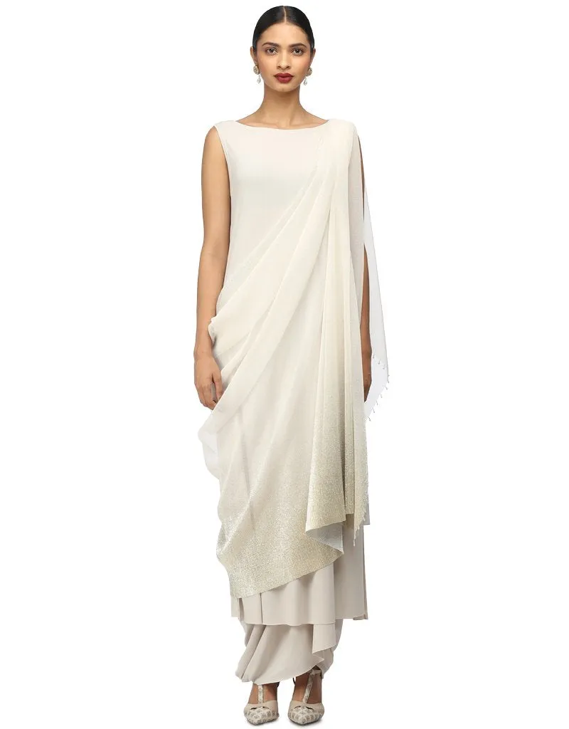 Crinkled Net Tunic with Shoulder Drape- Ivory