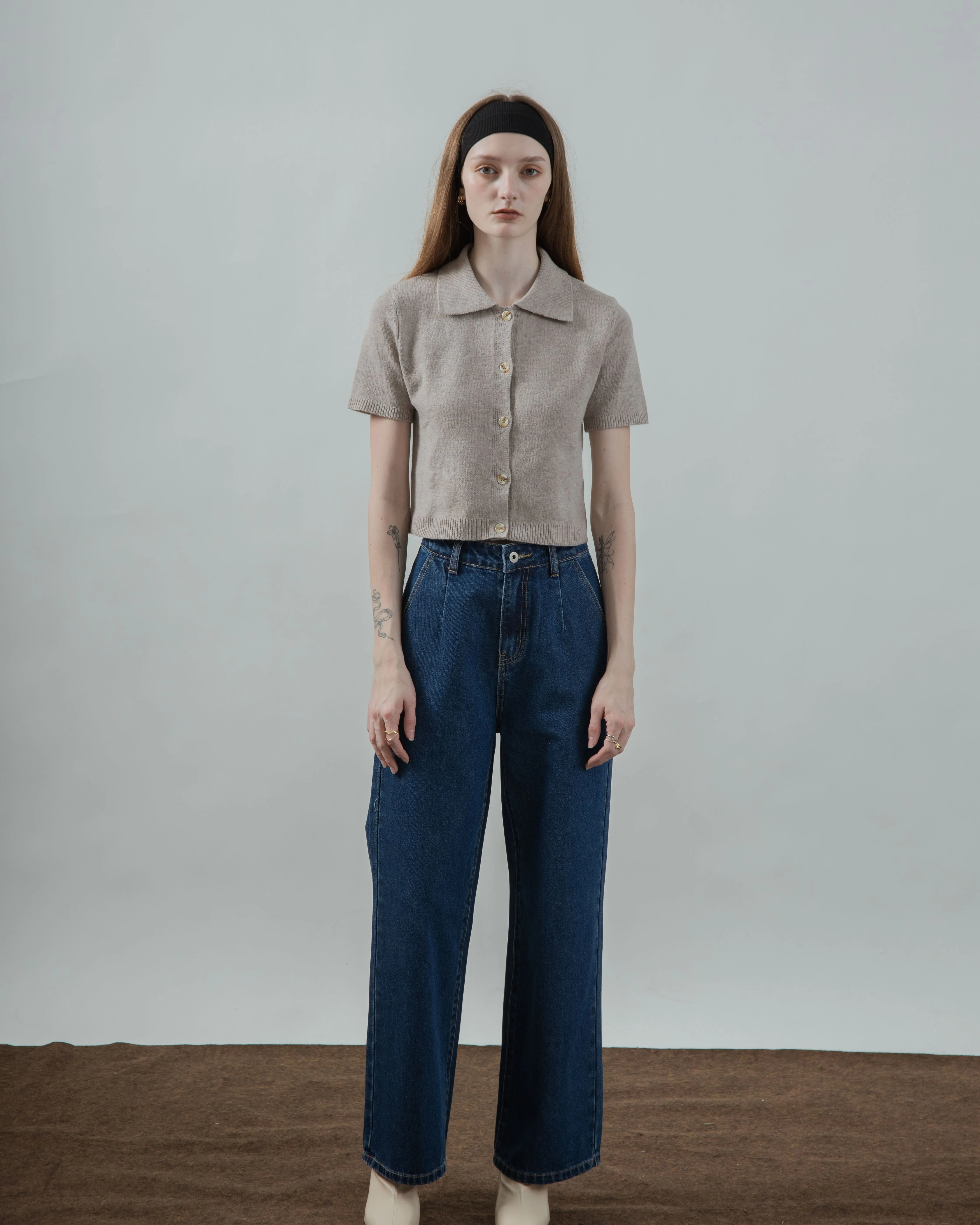 Dahlia Button Down Polo Knit Top (Ash Brown)