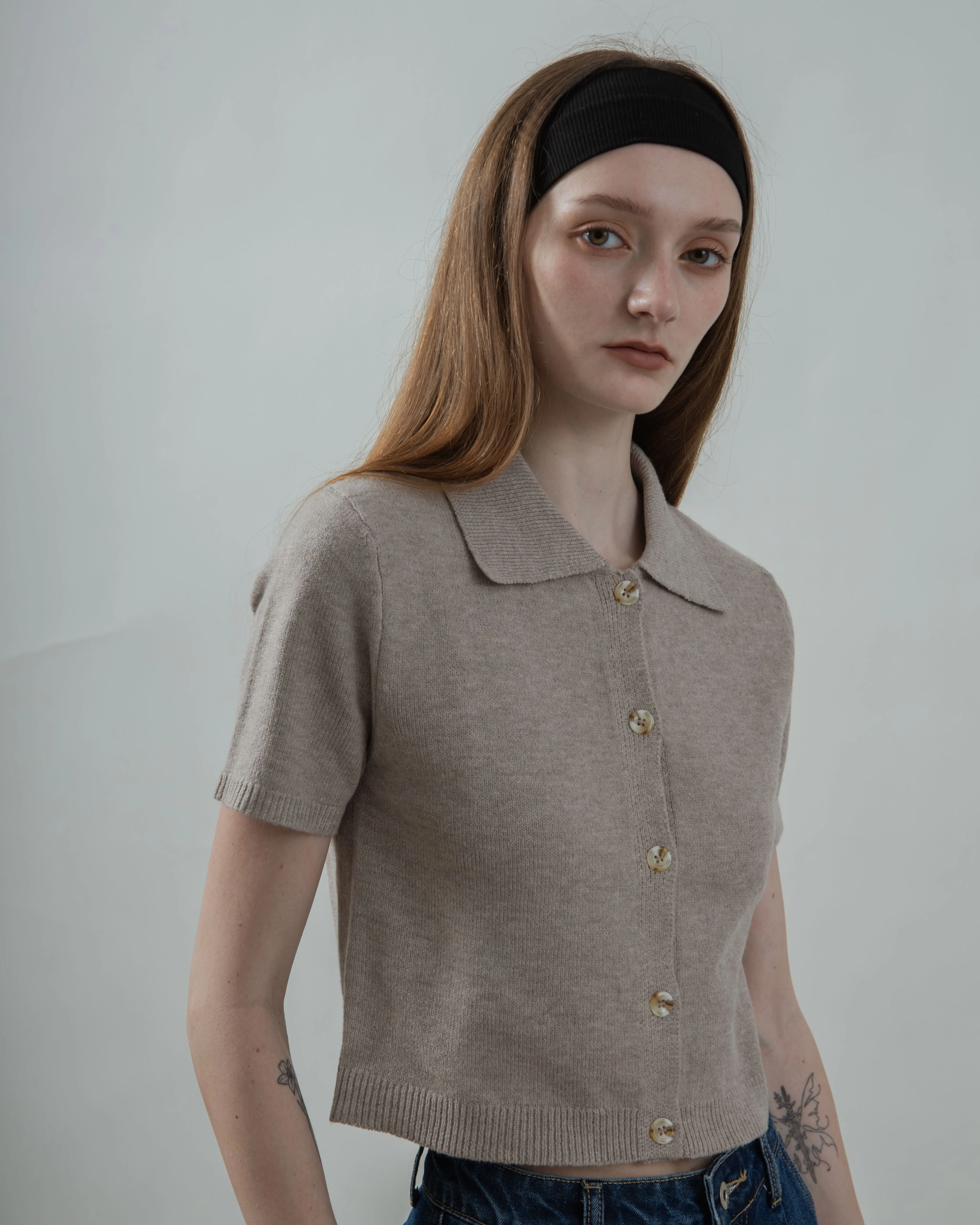 Dahlia Button Down Polo Knit Top (Ash Brown)