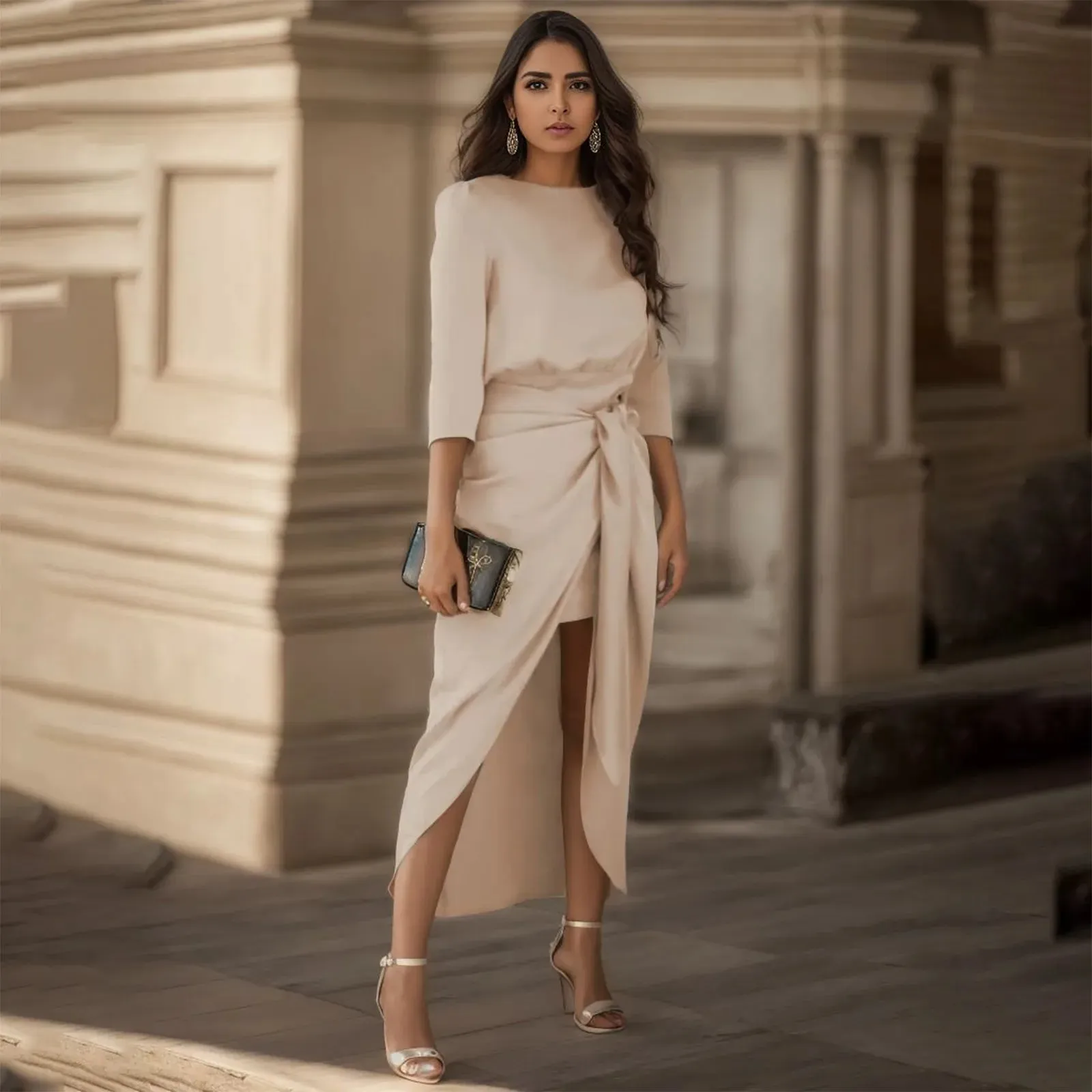 DressBetty - 2024 Satin Elegance Long Sleeve Tie Waist Side Slit Midi Dress