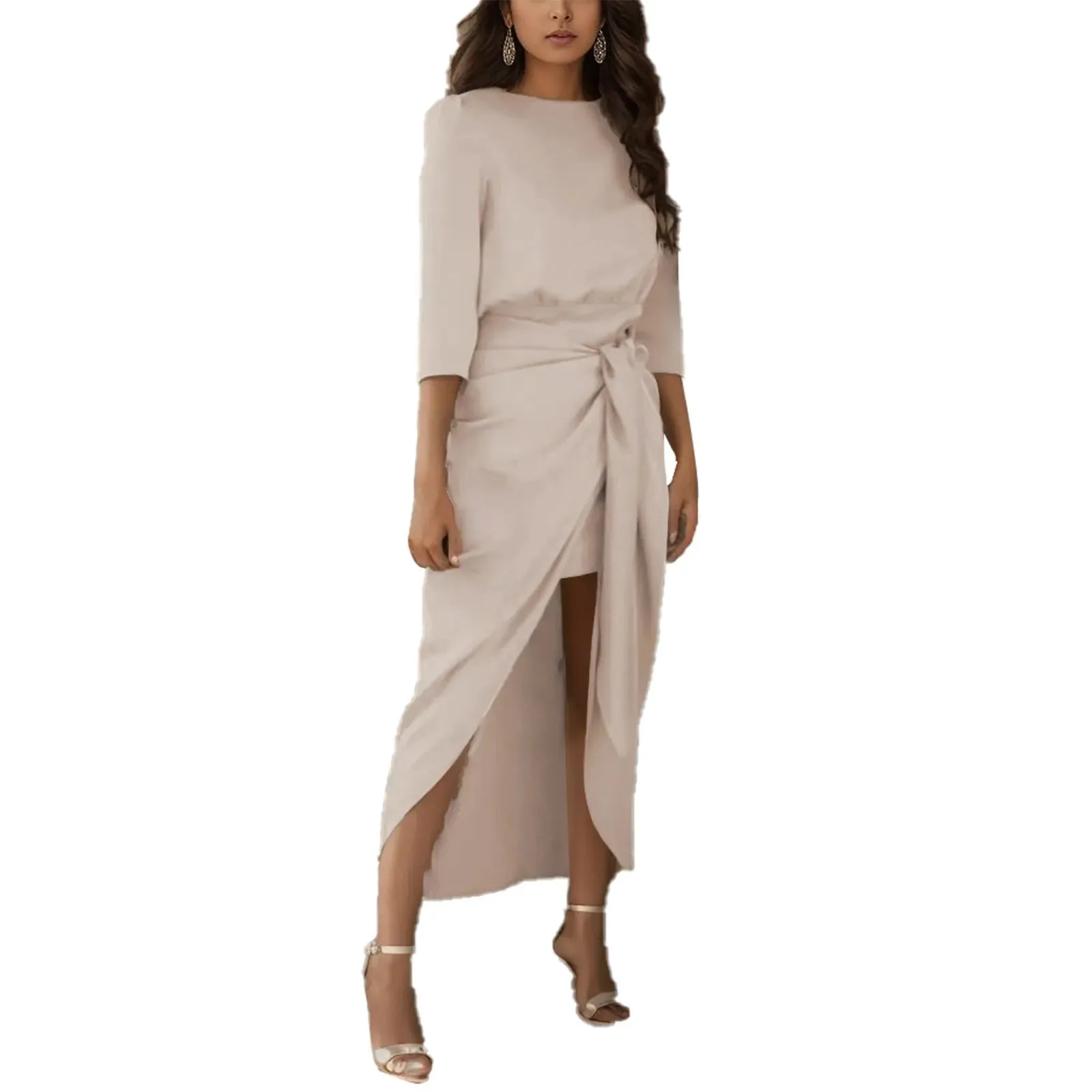 DressBetty - 2024 Satin Elegance Long Sleeve Tie Waist Side Slit Midi Dress