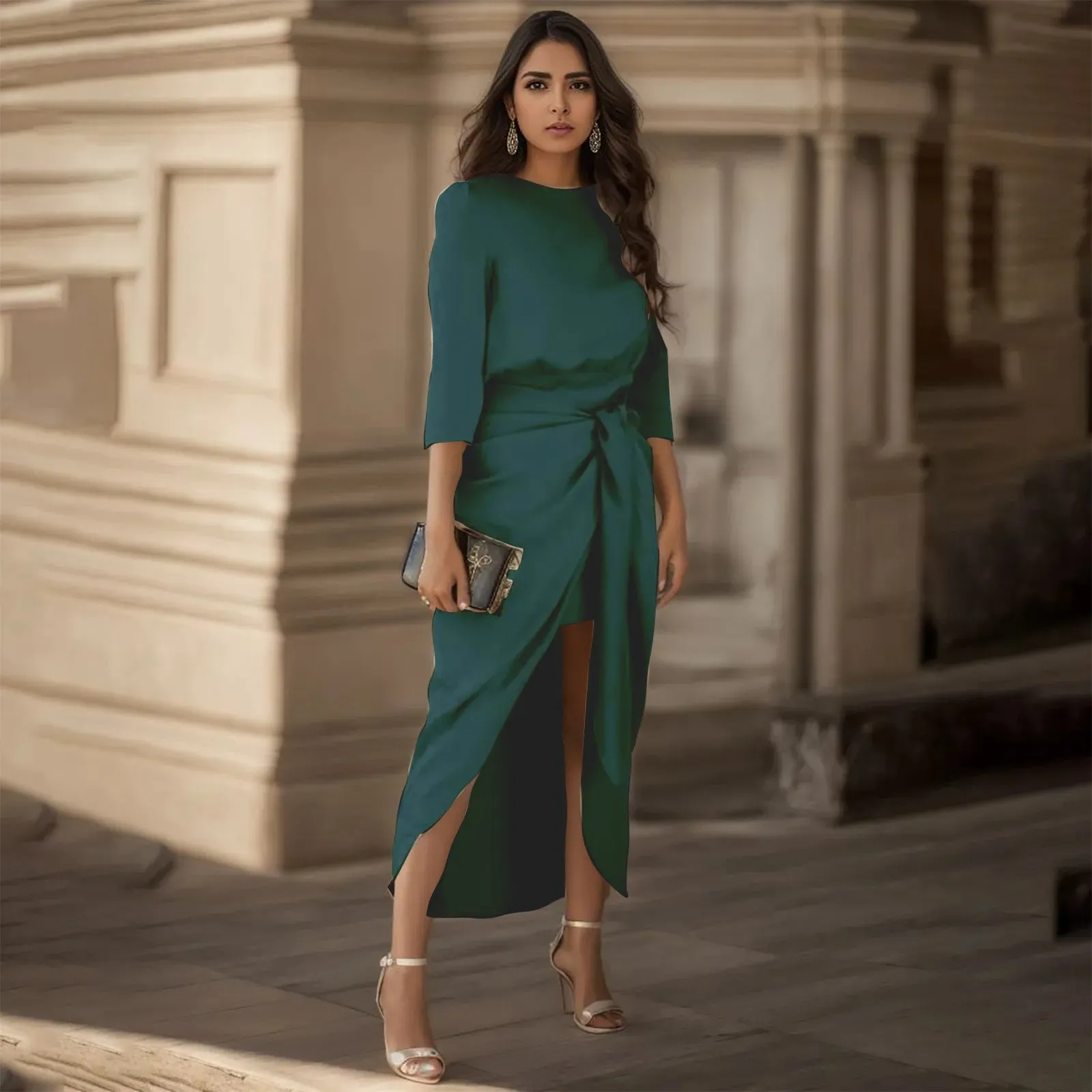 DressBetty - 2024 Satin Elegance Long Sleeve Tie Waist Side Slit Midi Dress