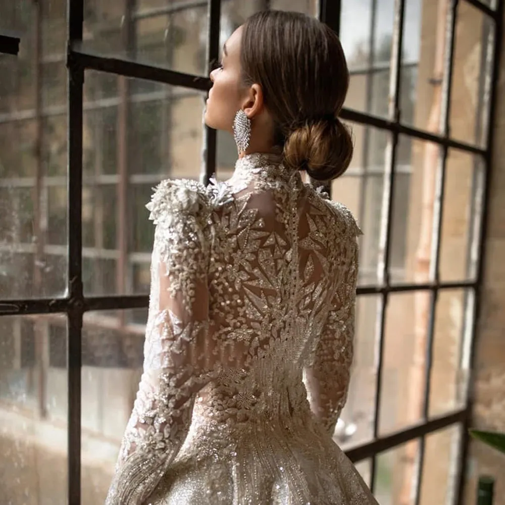 Exquisite High Neck Long Sleeve Lace A-Line Vintage Wedding Dress Luxury Bridal Gown