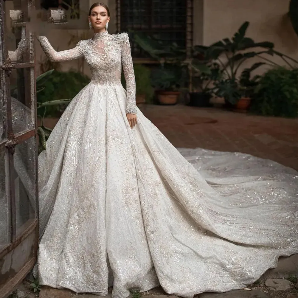 Exquisite High Neck Long Sleeve Lace A-Line Vintage Wedding Dress Luxury Bridal Gown