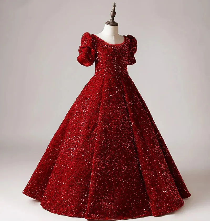Exquisite Red Sequins Junior Concert Sparkly Princess Girls Dress