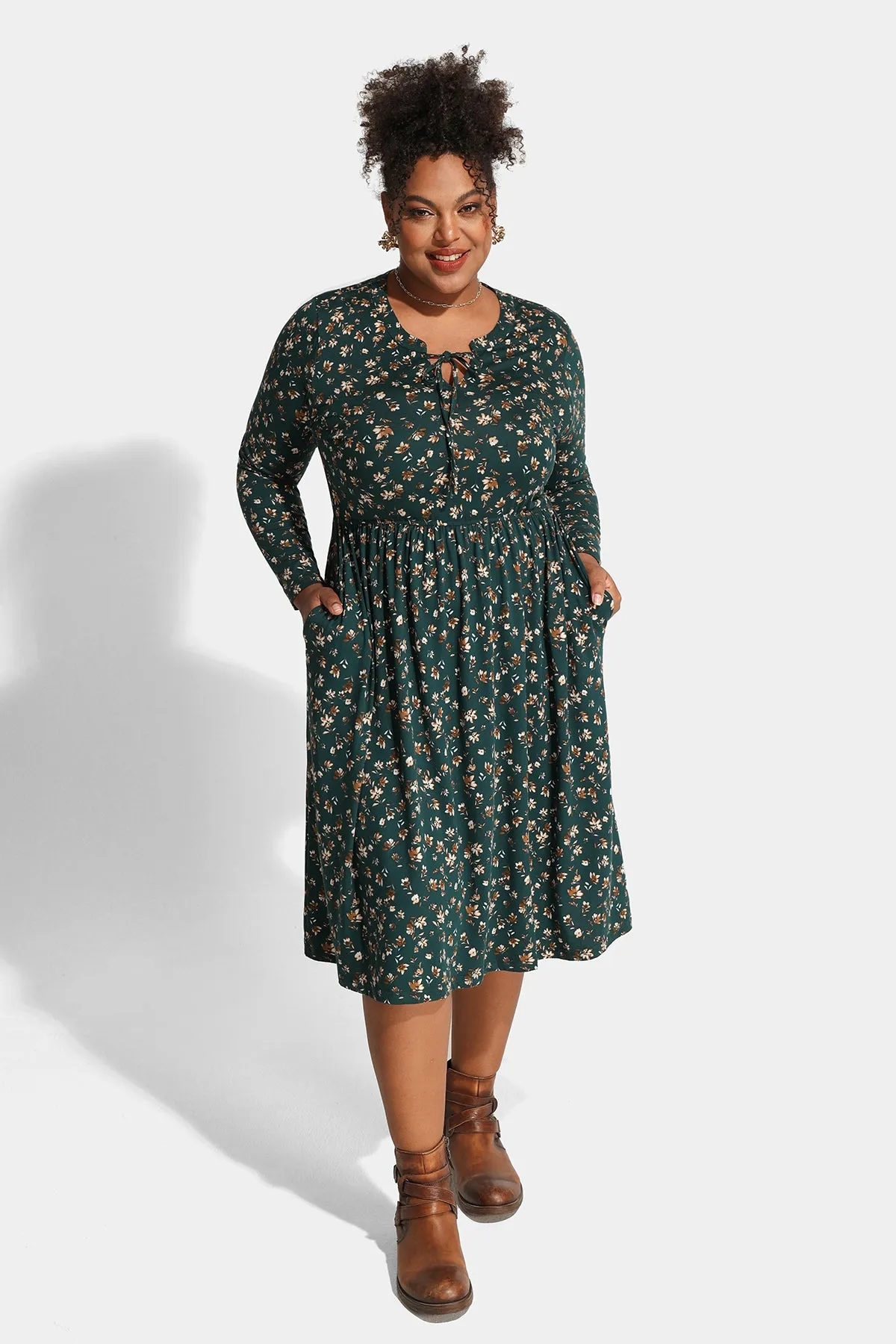 Floral Drawstring V Neck Flowy Pockets Midi Dress