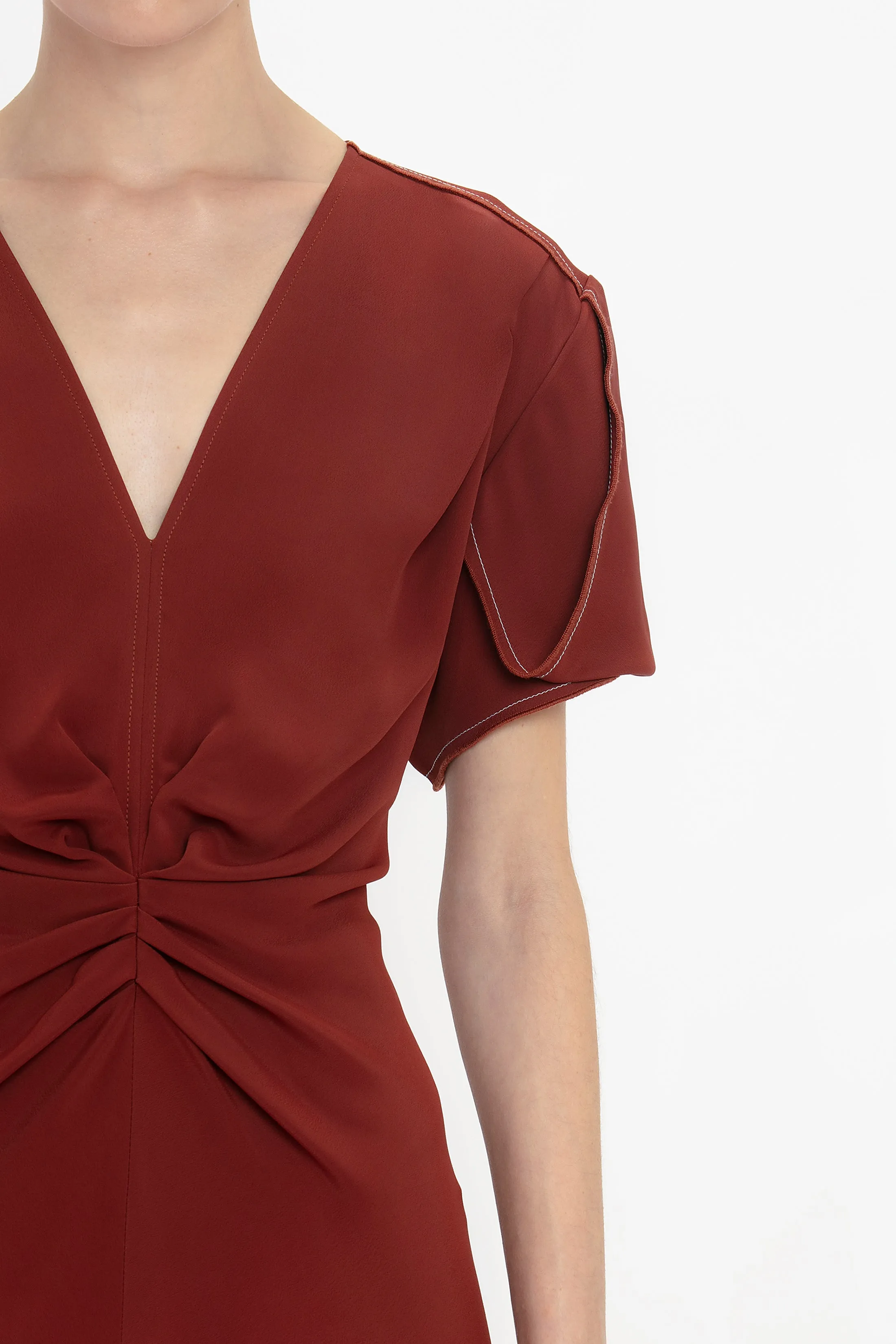 Gathered V-Neck Midi Dress In Russet
