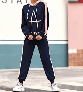 Letter Graphic Raglan Sleeve Drawstring Hoodie & Sweatpants Set