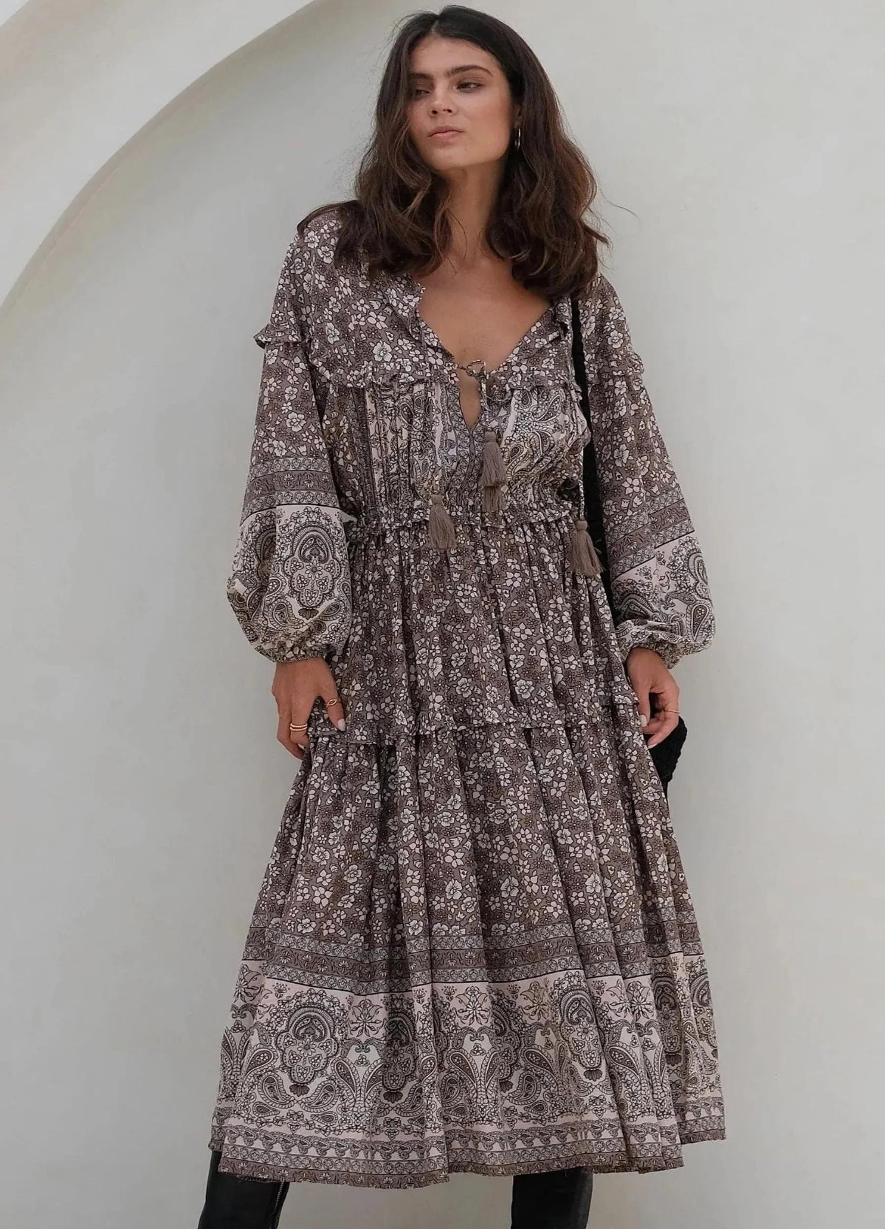 Mahli the Label - Long Sleeve Celestial Boho Gown Midi Dress