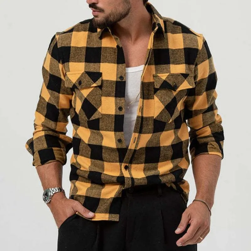 Men's Retro Casual Plaid Pocket Lapel Long Sleeve Shirt 62039387TO