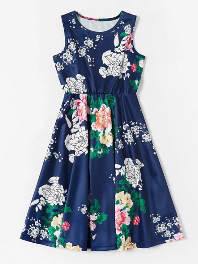 Mommy and Me Dress Cotton Floral Print Blue Sleeveless Midi Mommy And Me Outfits Basic Matching Outfits