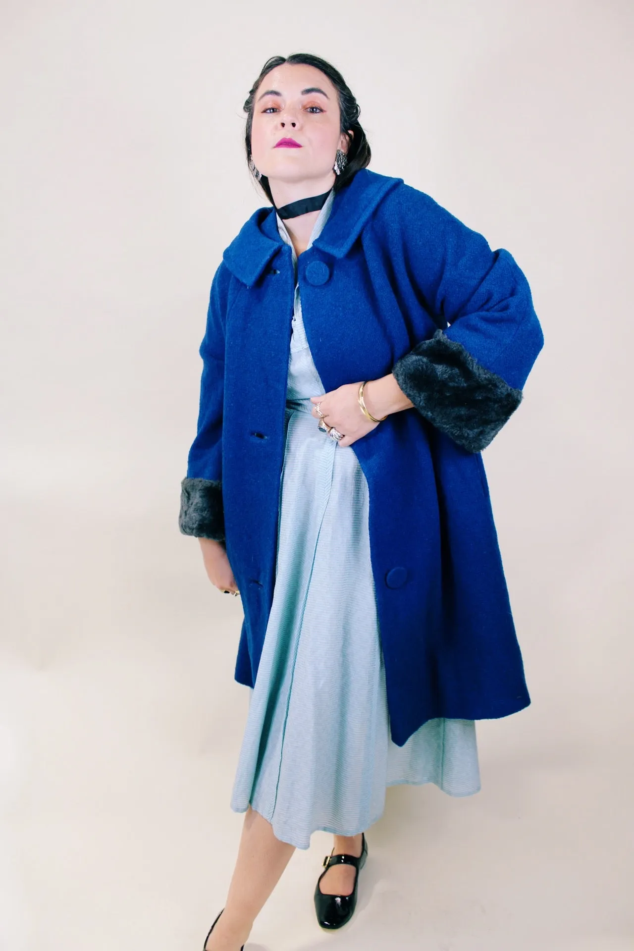 Navy Fur Trim Coat