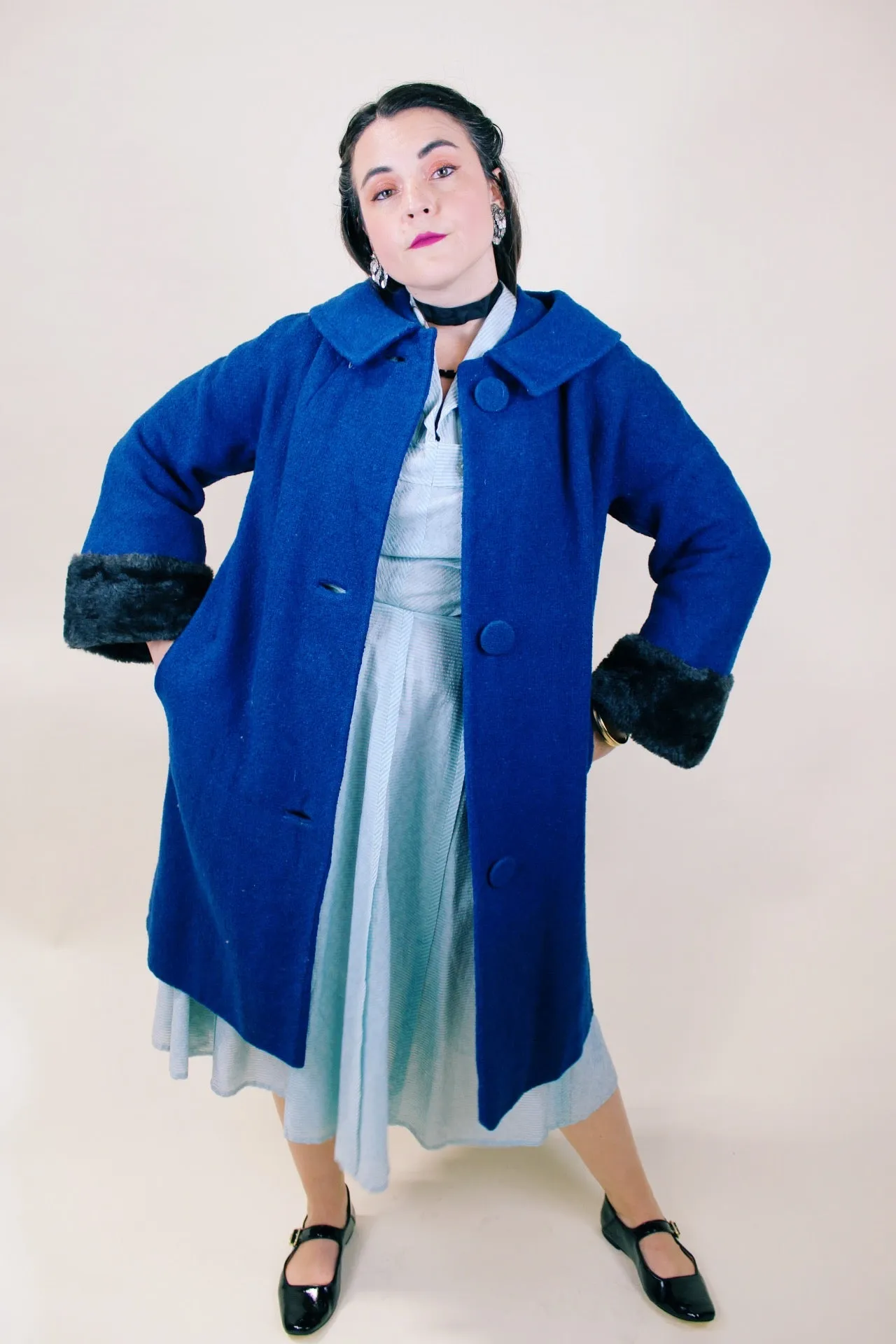 Navy Fur Trim Coat