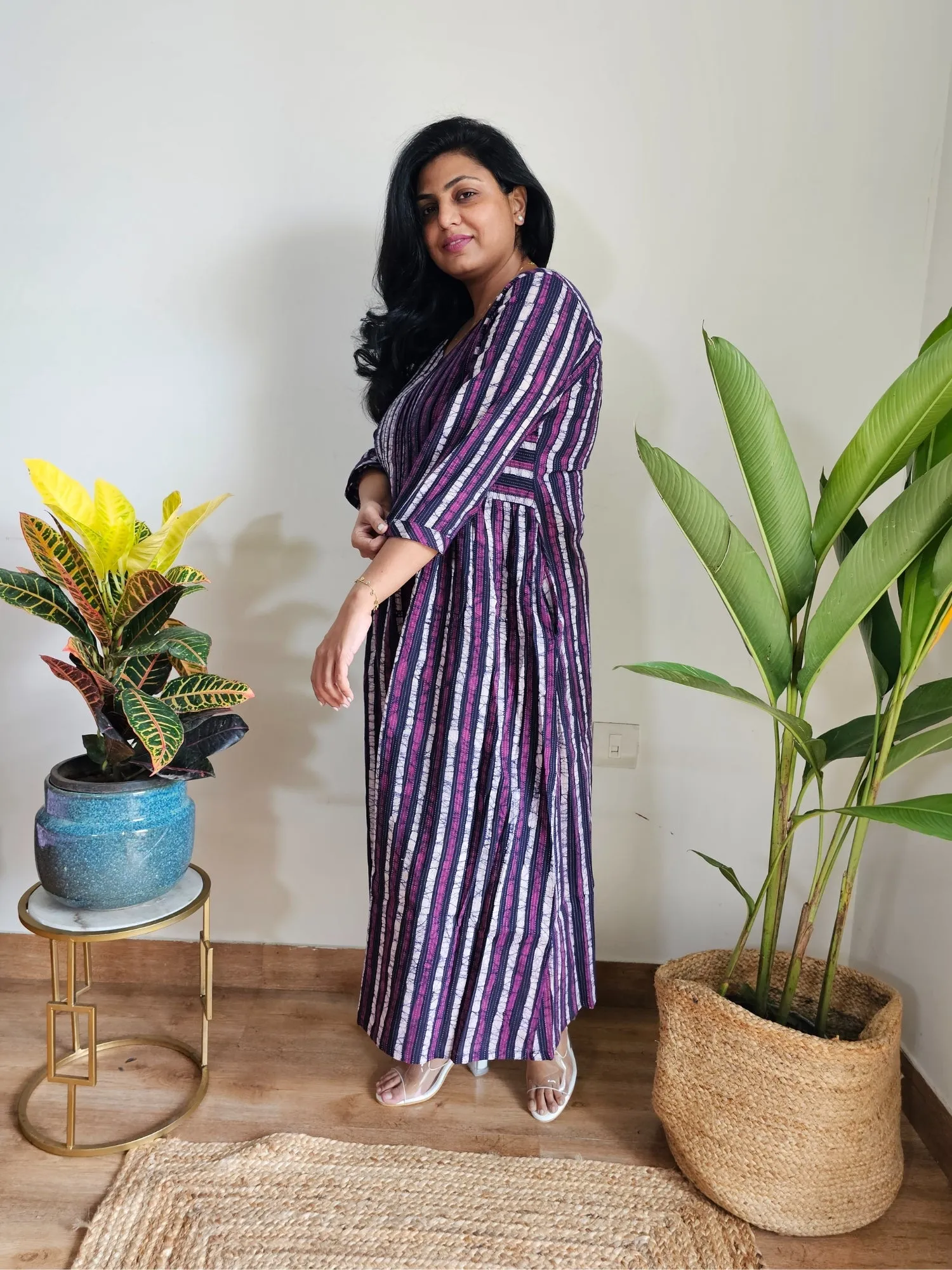 Olivia Striped Kantha Work Cotton Dress