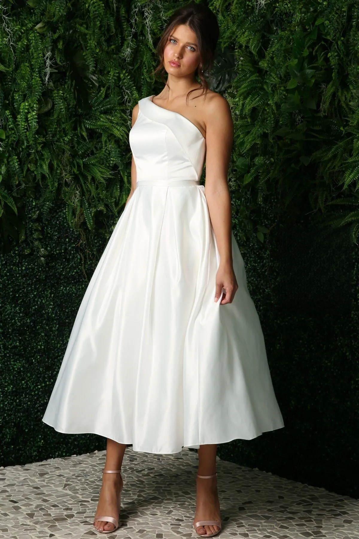 Open Back Strap Satin One Shoulder Midi Wedding Dress NXJE931W Sale