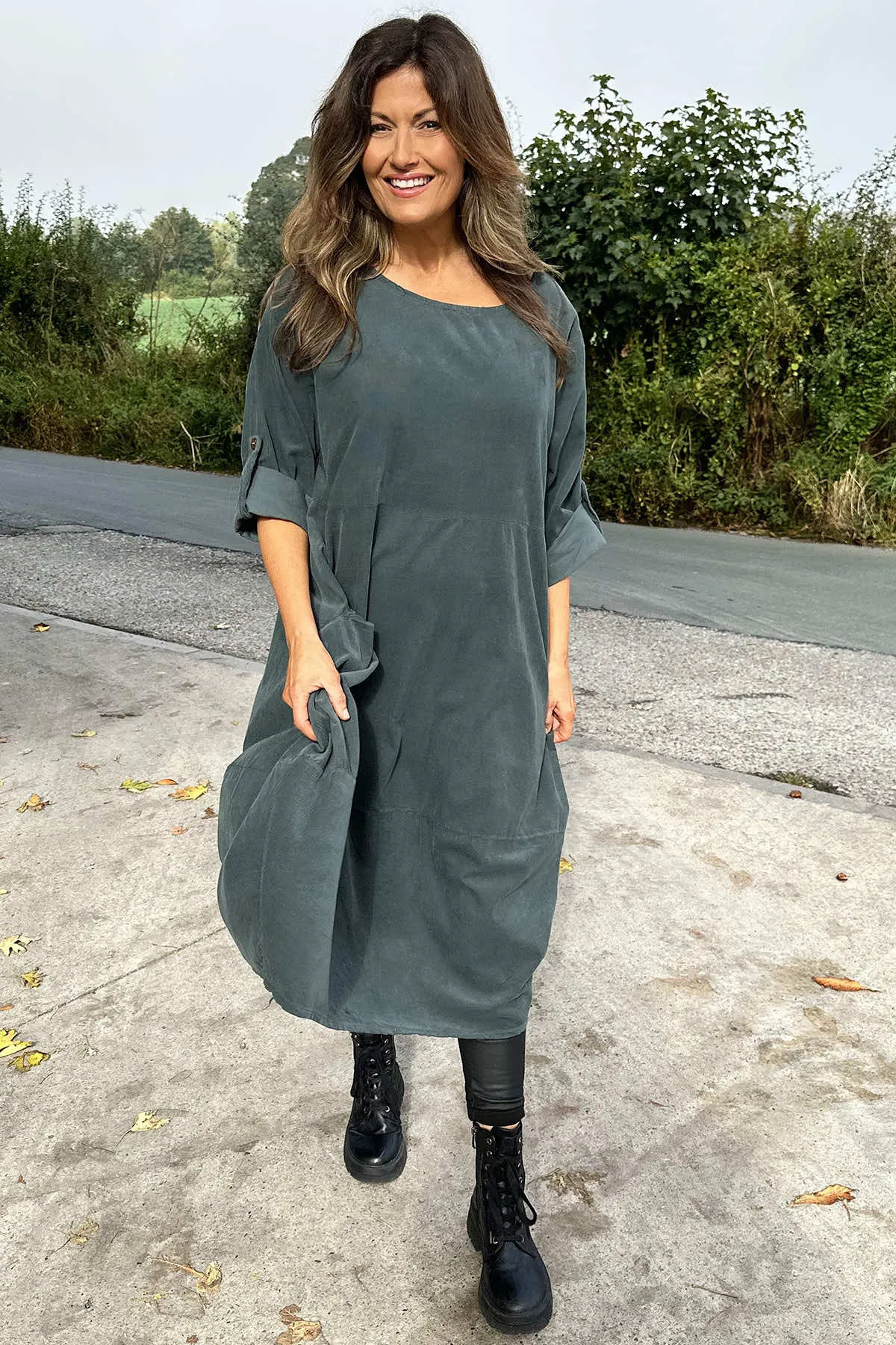 Penelope Pocket Needlecord Dress Charcoal
