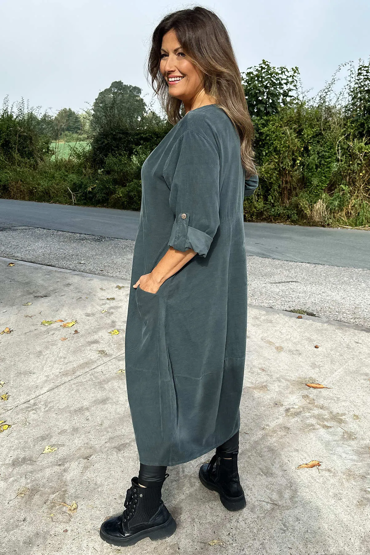 Penelope Pocket Needlecord Dress Charcoal