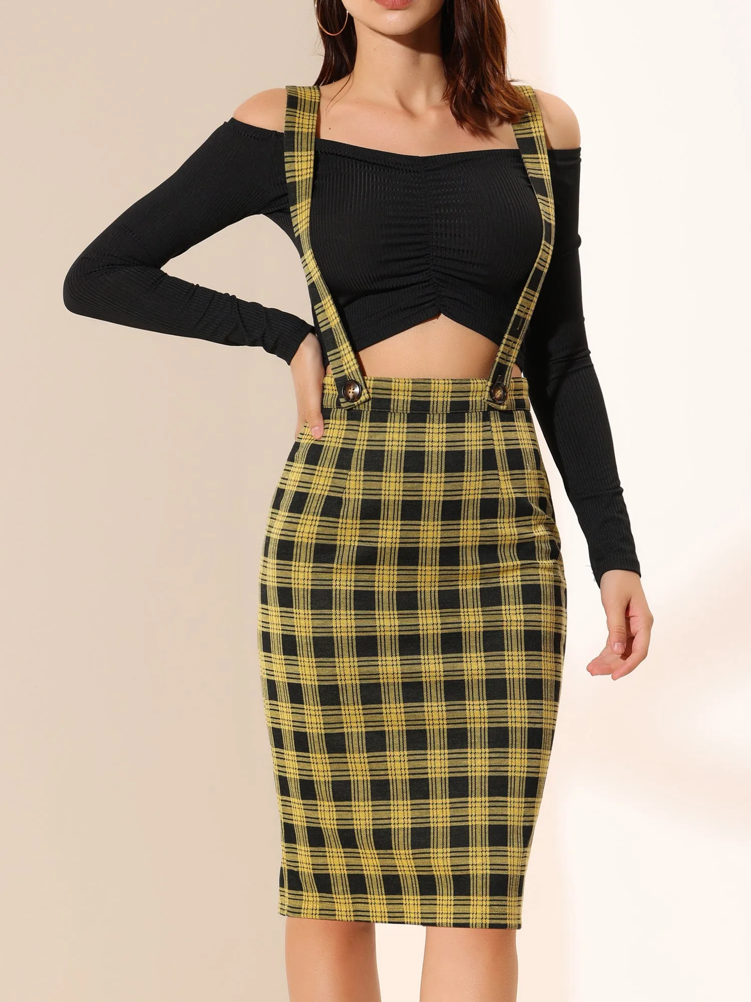 Plaid Overall Party Vintage Pencil Braces Suspender Skirt