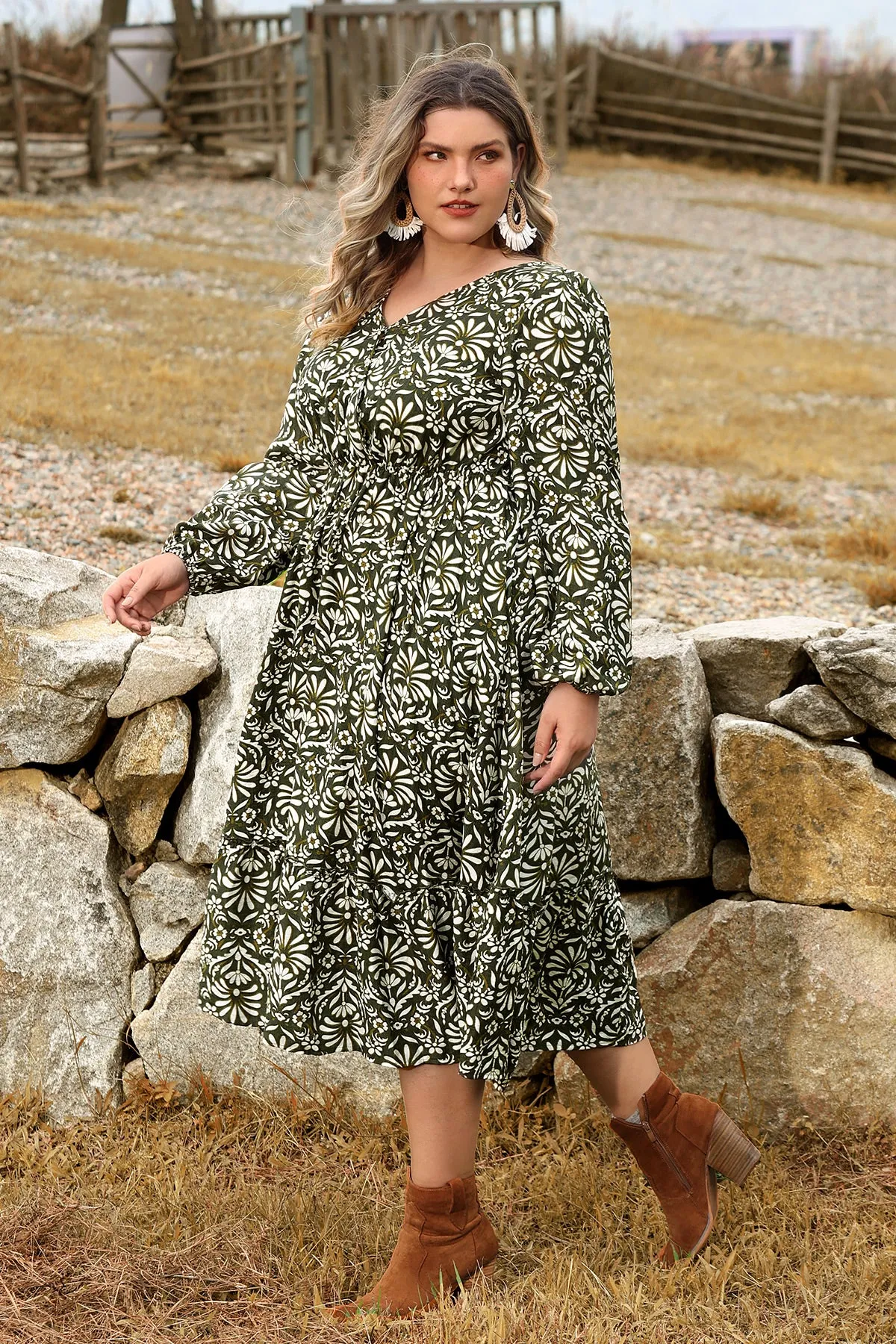 Pocket Floral Print Elastic Waist V Neck Midi Dress