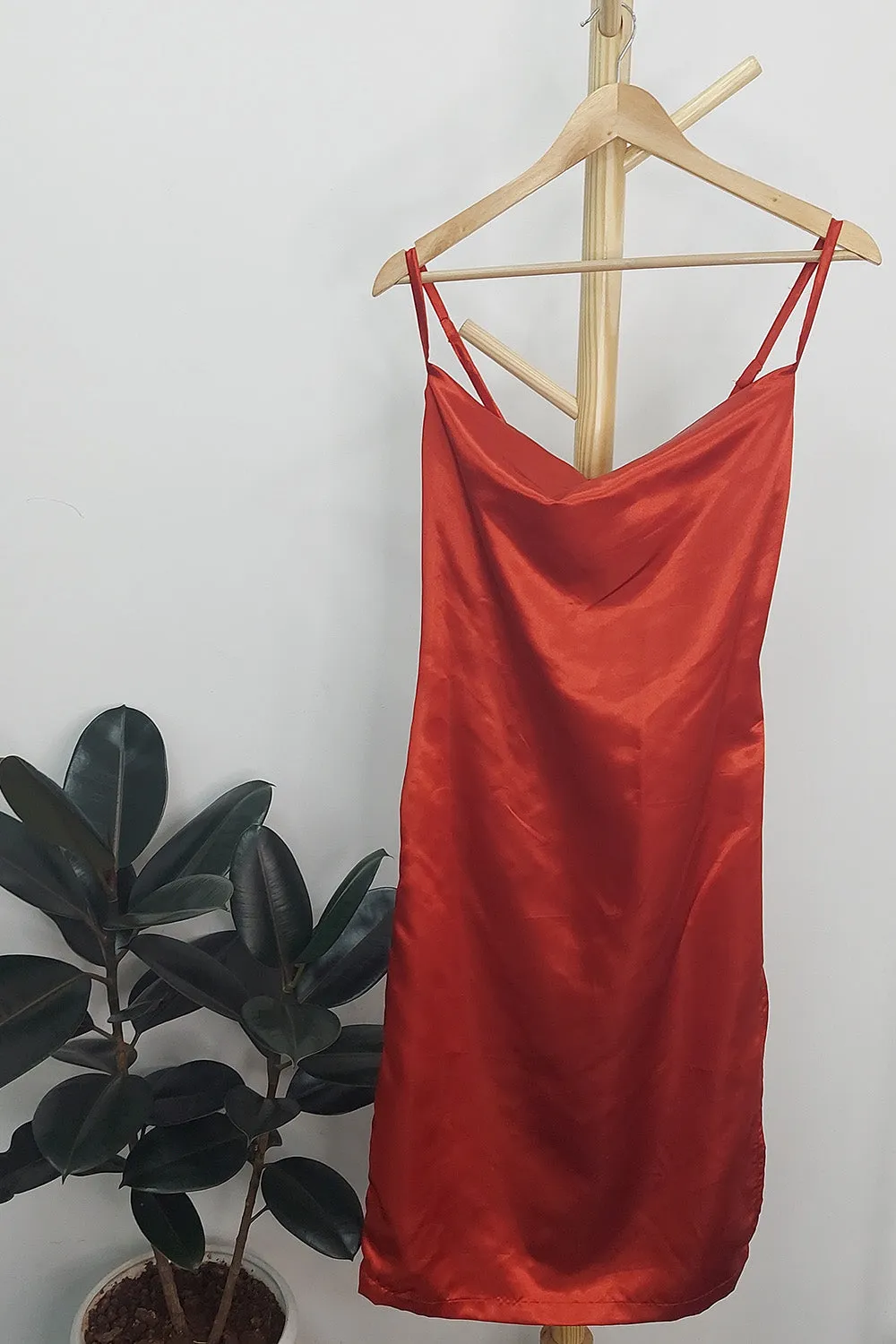 Satin Thigh Slit Cami Dress Red