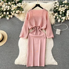 Slip Dress&Hollowed Knitwear 2Pcs