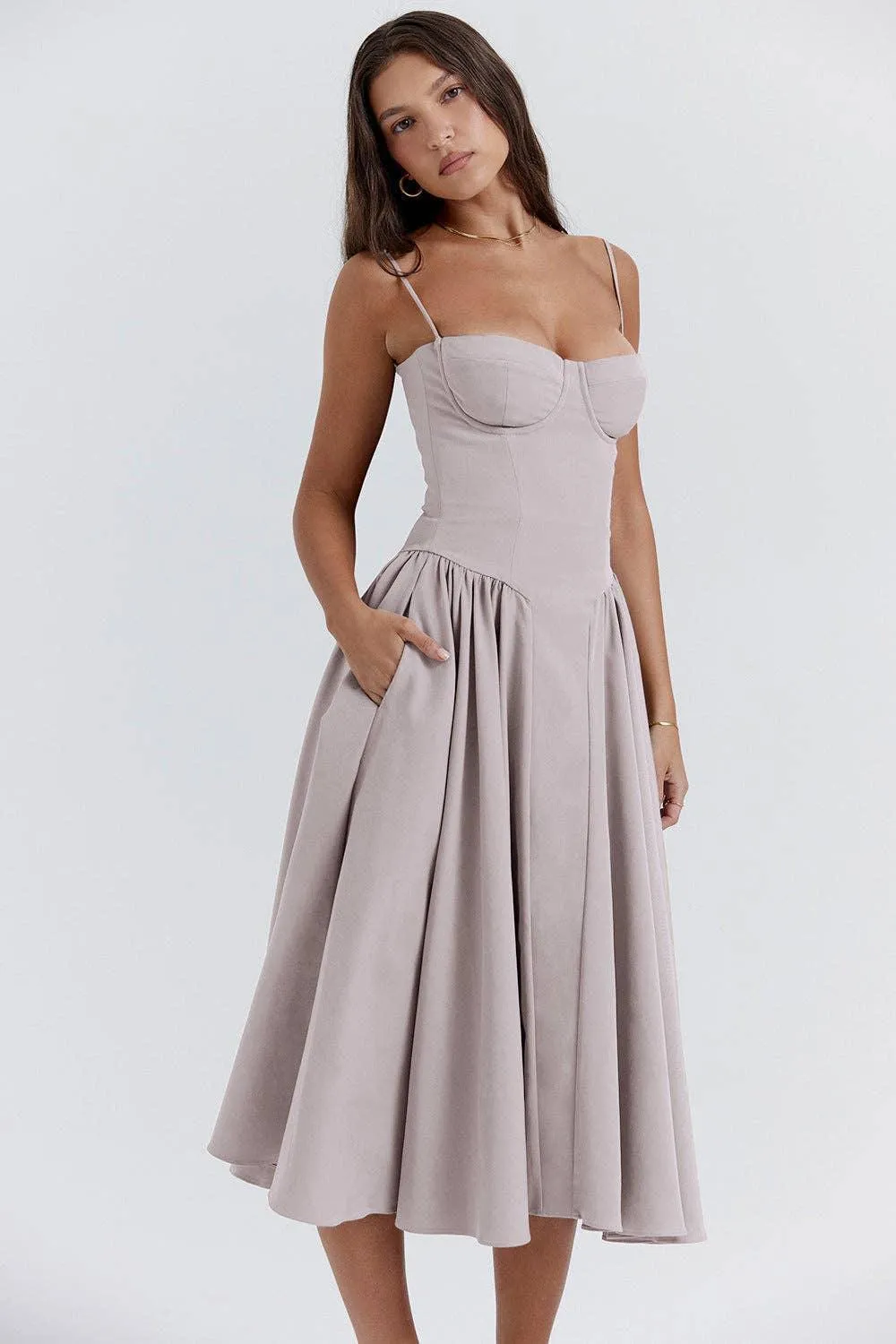 String Shoulder Solid & Floral Ladies Dress 25528