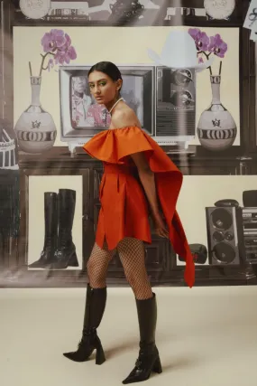 Thebe Magugu - Cascading Off Shoulder Shirt Dress: Tomato Red