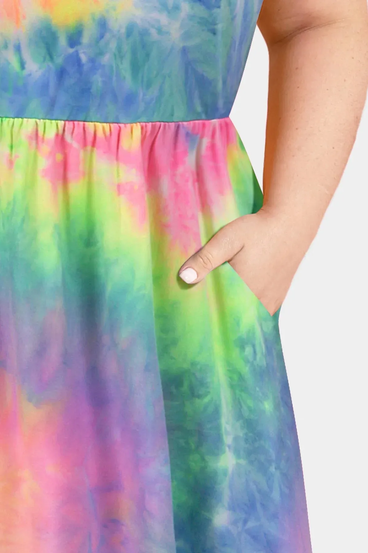 Tie Dye Elastic Waist Pleated V Neck Midi Dress