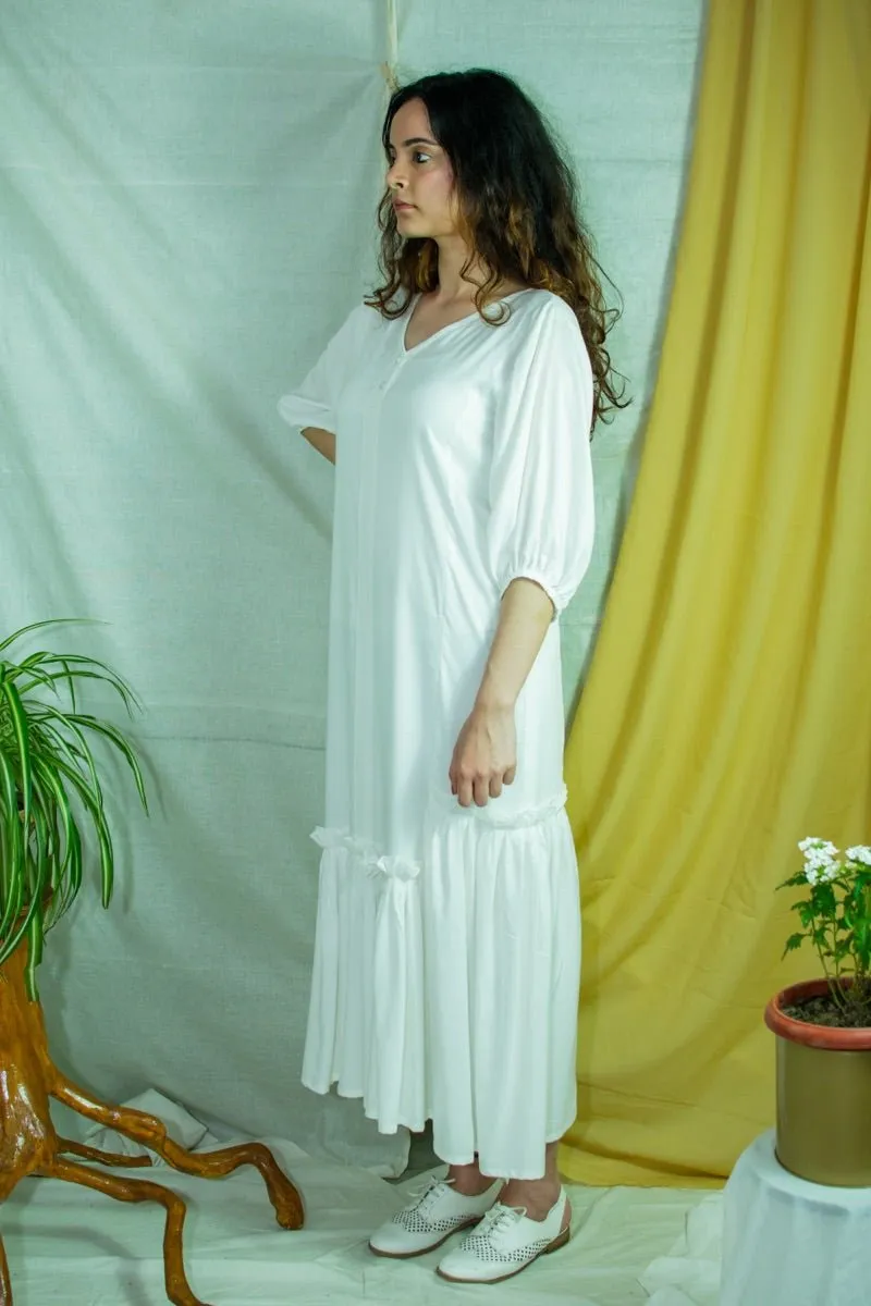 White bamboo fabric V-neck dress