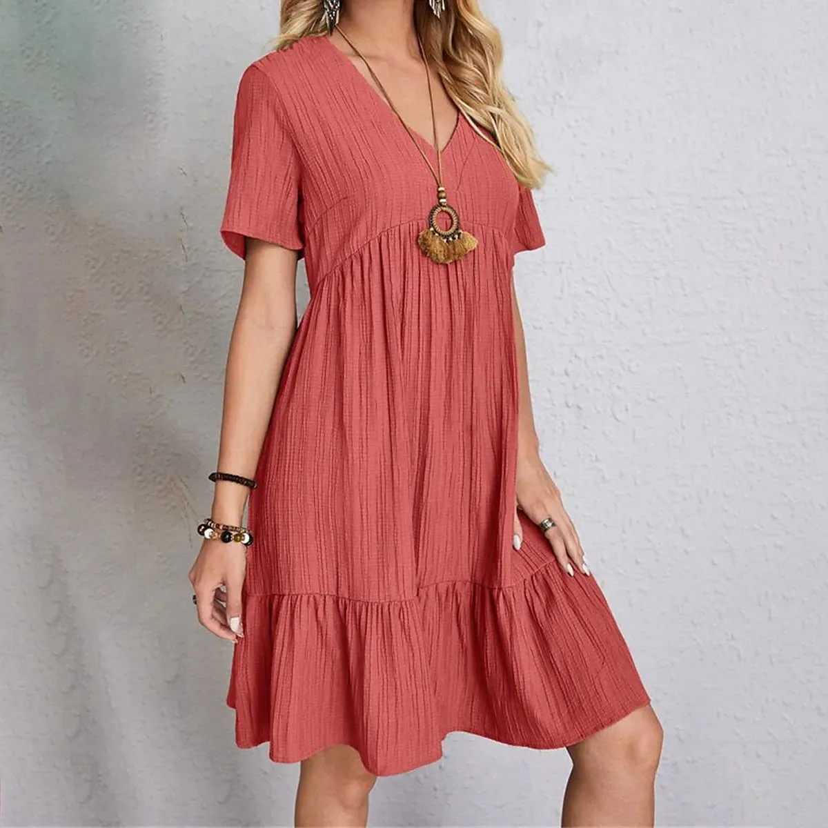Women's Casual Dress Ruffle V Neck Midi Shift Dress